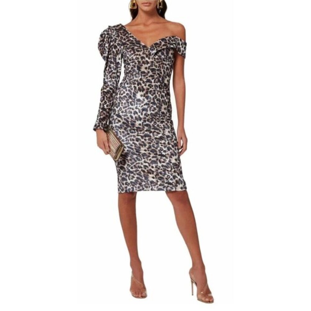 Lavish Alice NEW Womens Velvet Statement Shoulder Midi Dress 6 Brown Leopard